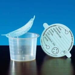 Urine bekers 120 ml met plakdeksel in doos met 1.000 stuks