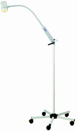 Onderzoekslamp met halogeen lamp voorzien van een  flexibele arm en verrijdbaar statief.