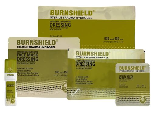 Burnshield CAMO range brandwonden produkten hydrogel Arvem gezicht brandwondkompres burnshield camo brandwondkompres